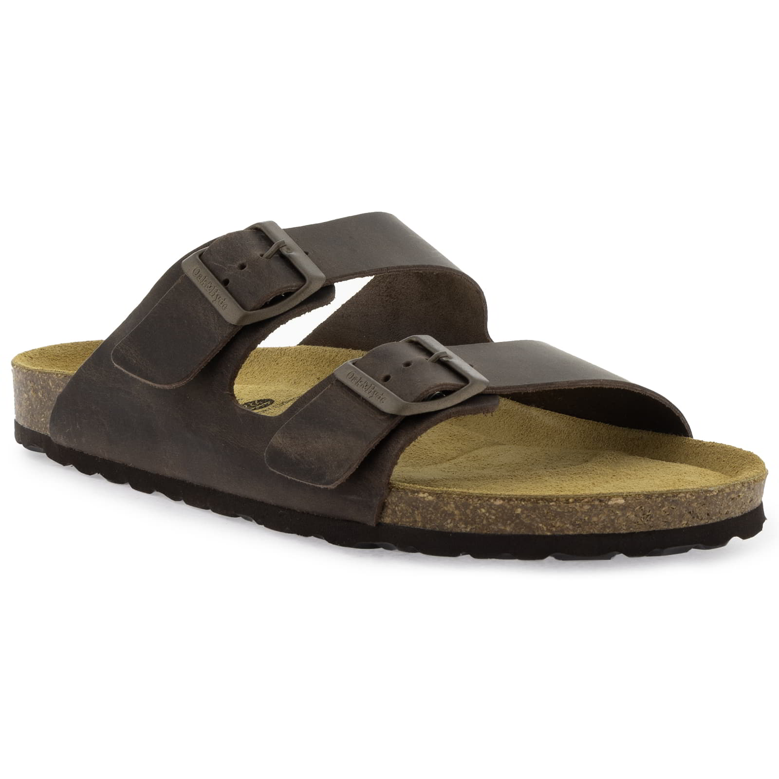 Dark brown leather fisherman sandal viewed from the front and side with cork footbed