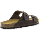 Rear three-quarter view of dark brown leather fisherman sandal showing cork footbed and heel shape