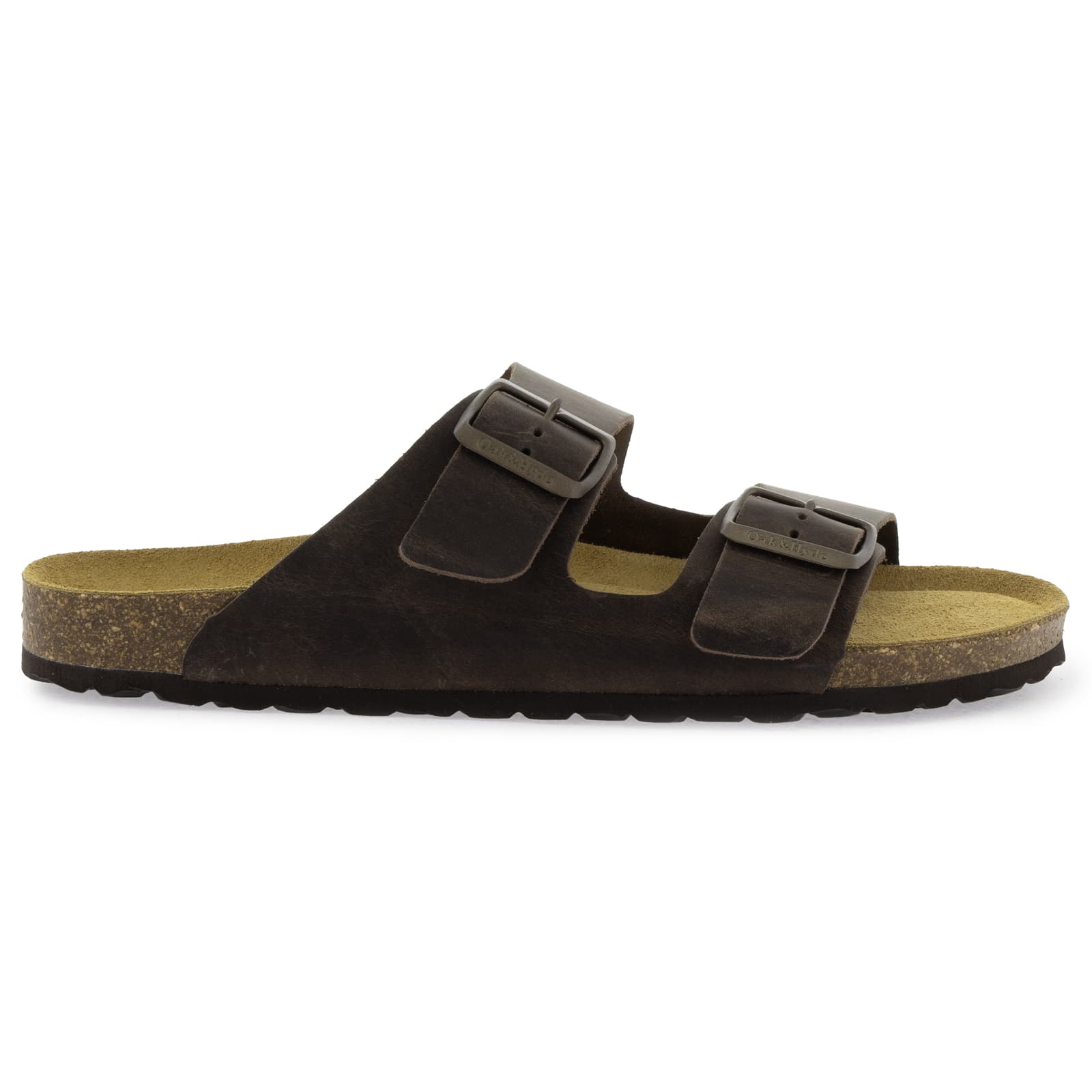 Side view of dark brown leather fisherman sandal with two buckle straps and cork footbed