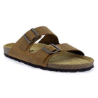 Tan leather fisherman sandal viewed from the front and side with cork footbed