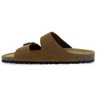 Tan leather fisherman sandal shown from the side with contoured cork sole