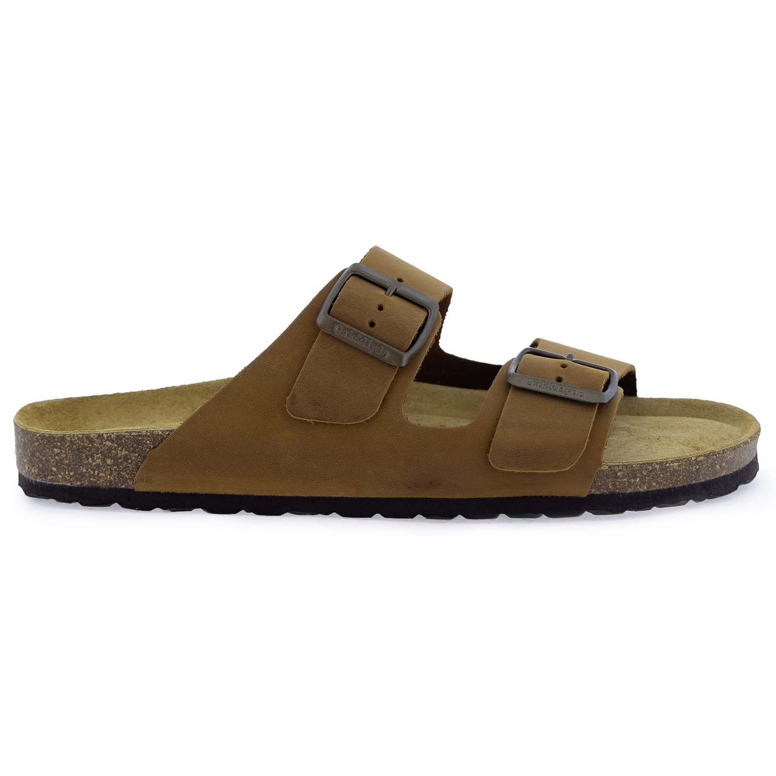 Side view of tan leather fisherman sandal with two buckle straps and cork footbed