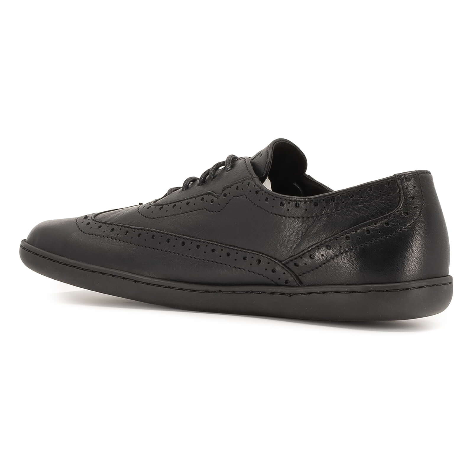 inside angled view of maple barefoot brogue shoes in black showing brogue panel detail