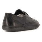 heel view of maple barefoot brogue shoes in black showing heel panel and leather upper
