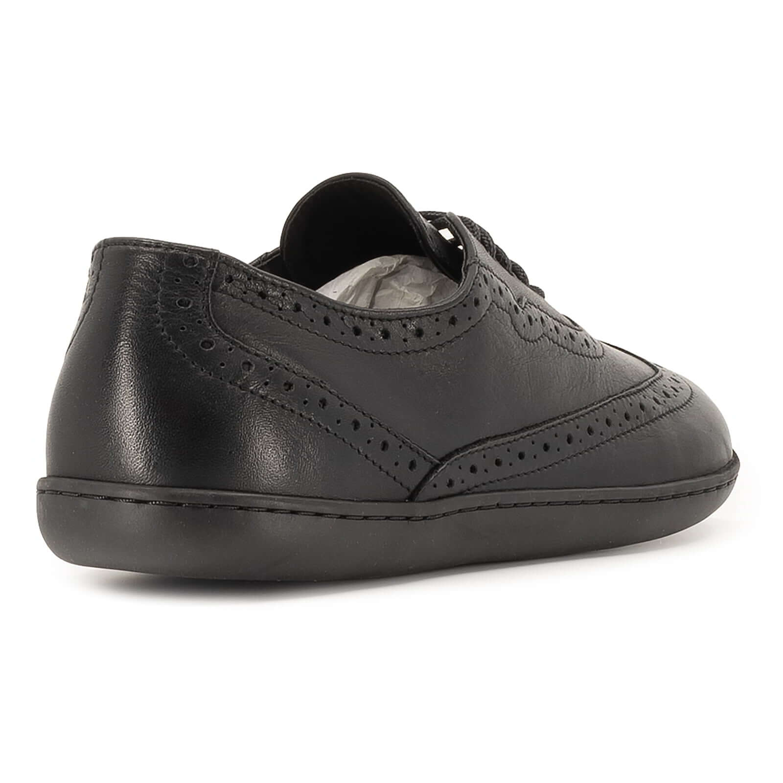 heel view of maple barefoot brogue shoes in black showing heel panel and leather upper