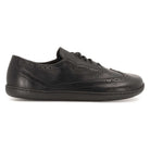 side profile view of womens maple barefoot brogue shoes in black showing leather upper