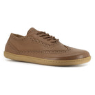 side angled view of maple brogue barefoot shoes in tan showing from lace and brogue detailing