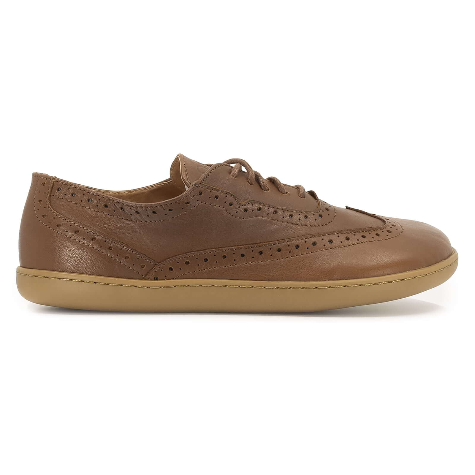 side profile view of maple tan brogue barefoot shoes showing leather upper