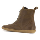 inside angled view of maple mid brogue barefoot boots in brown showing brogue detailing