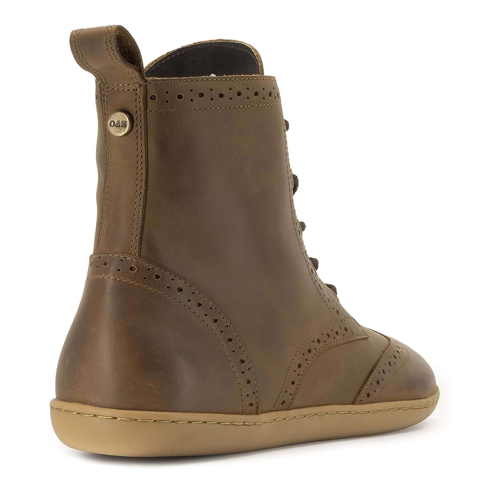heel view of maple mid barefoot brogue boots in brown showing pull tab and brass O&H branding