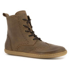 outside angled view of maple mid brogue barefoot boots in brown showing front lace and detail
