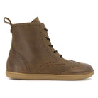 side profile view fo maple mid barefoot brogue boots in brown showing leather upper