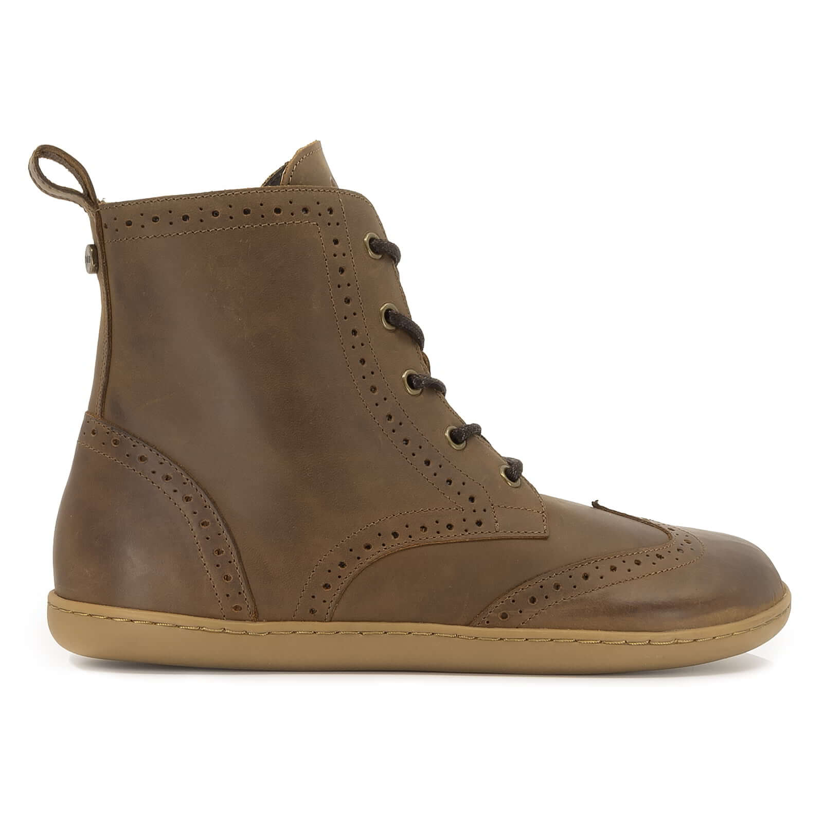 side profile view fo maple mid barefoot brogue boots in brown showing leather upper