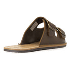 heel view of mens acacia barefoot sandals in dark brown showing the slide on design