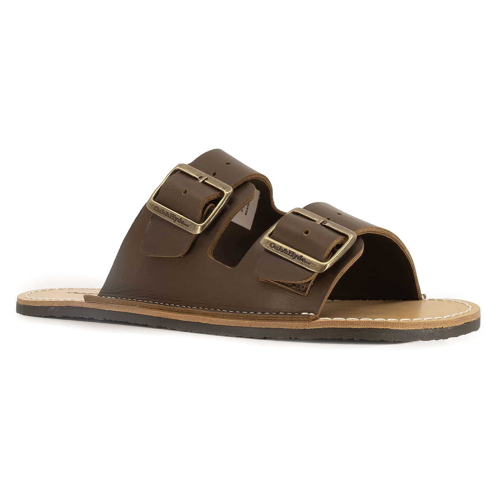 side angled view of mens dark brown acacia barefoot sandals showing leather upper