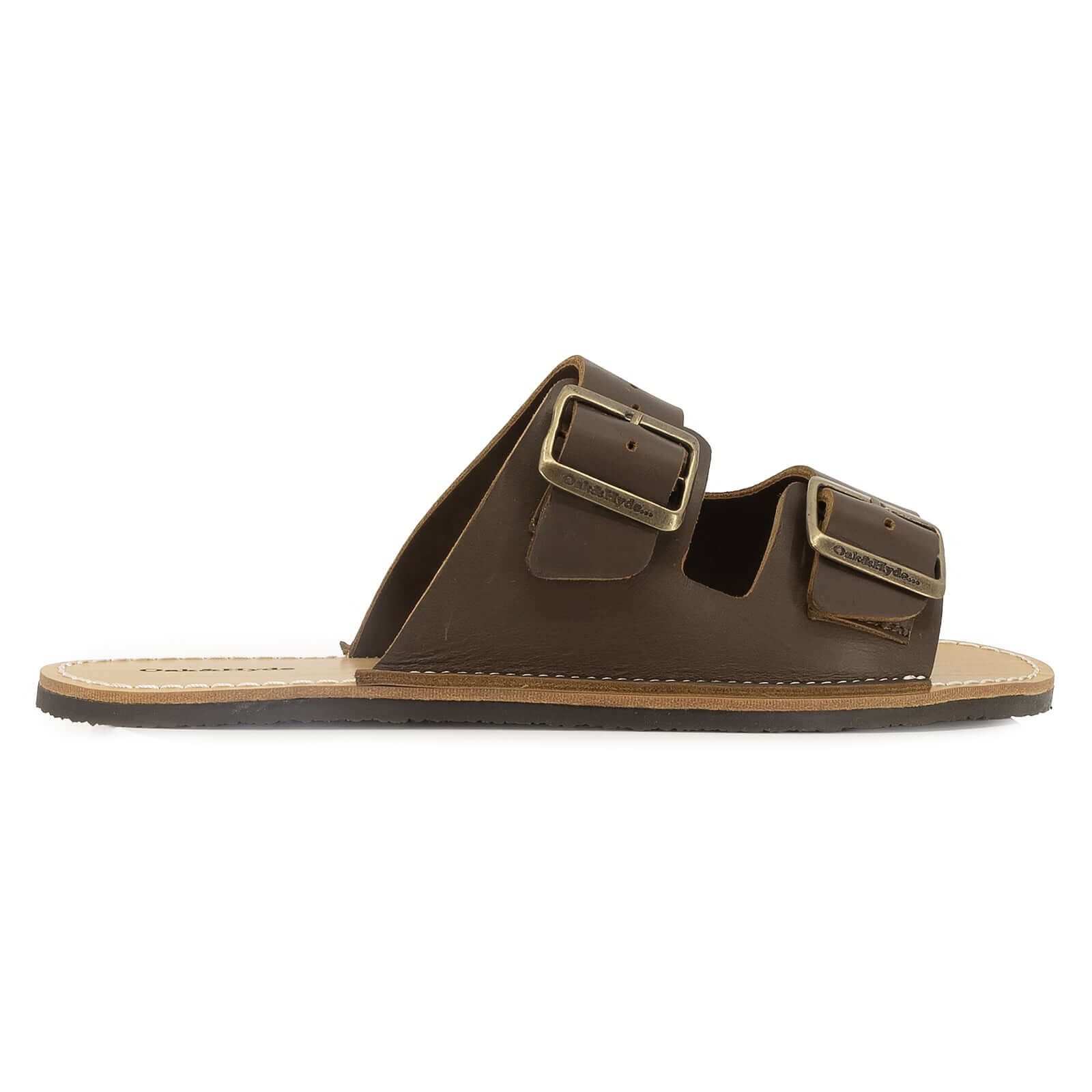 side profile view of mens acacia barefoot sandals in brown showing buckles