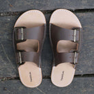 birds eye view of mens acacia barefoot sandals in dark brown showing the toe box shape
