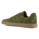 Inside angled view of mens Larch barefoot trainers in green showing logo on heel