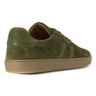 heel view angle of mens larch barefoot trainers in green showing panel detailing