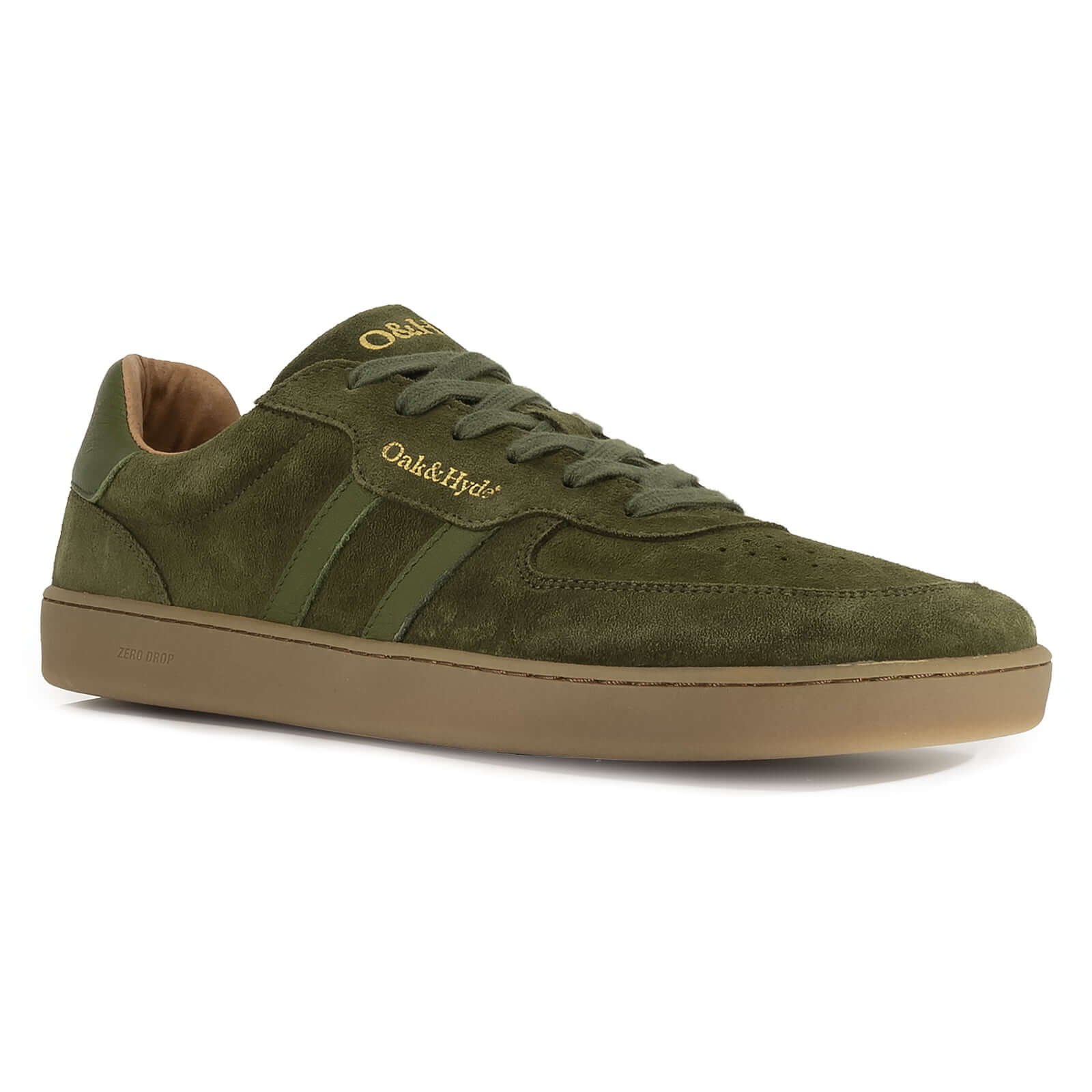 side angled view of mens larch trainers in green showing stripe detail and branding