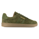 Side profile view of Mens larch barefoot trainers in green showing suede leather upper