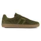 Side profile view of Mens larch barefoot trainers in green showing suede leather upper