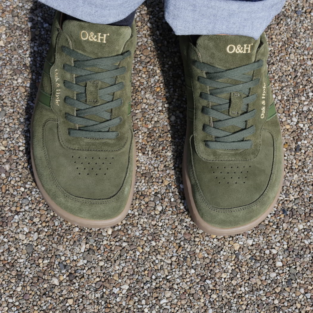 top down view of mens larch trainers in green showing toe shape