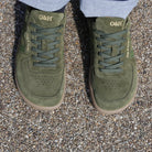 top down view of mens larch trainers in green showing toe shape