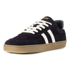 view of front of mens larch barefoot trainers in navy showing full front lace