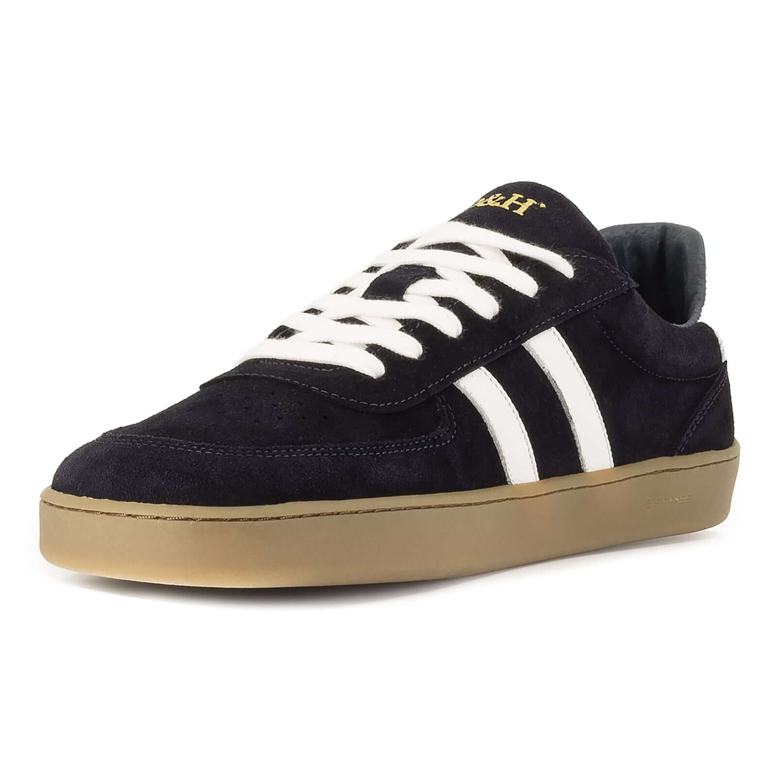 view of front of mens larch barefoot trainers in navy showing full front lace