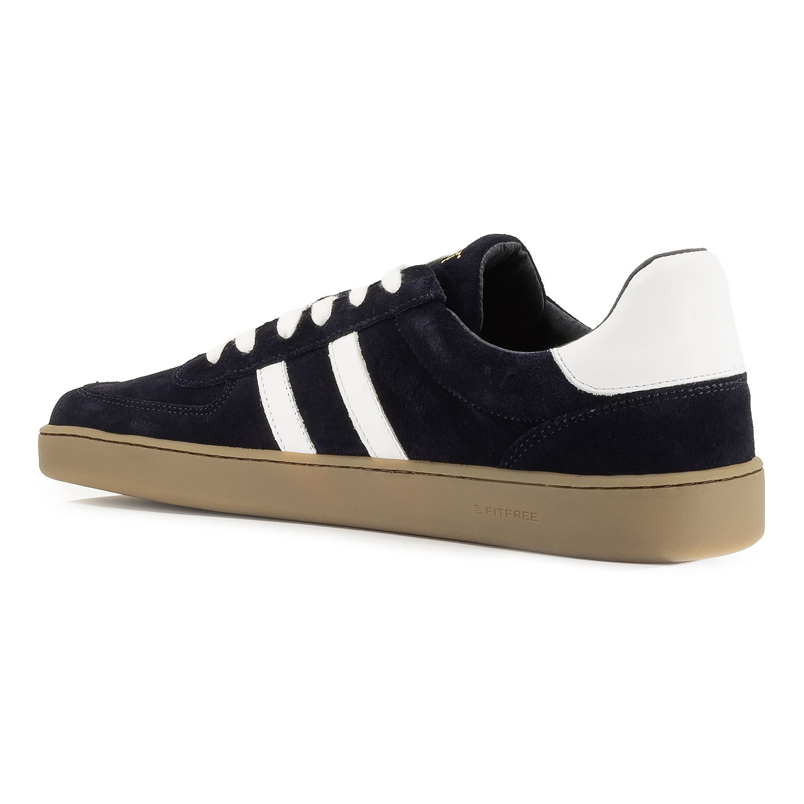 inside angled view of mens larch barefoot trainers in navy highlighting logo on heel