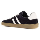 inside angled view of mens larch barefoot trainers in navy highlighting logo on heel