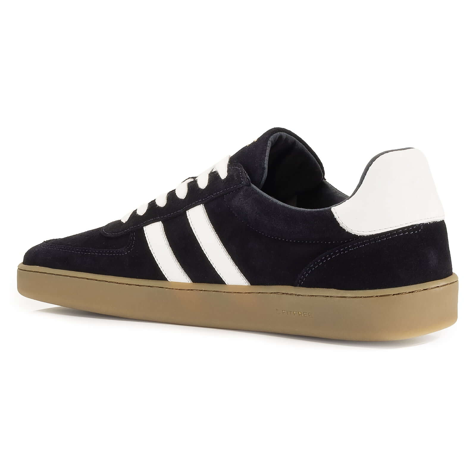 inside angled view of mens larch barefoot trainers in navy highlighting logo on heel