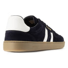 heel view of mens larch barefoot trainers in navy showing heel panel detailing
