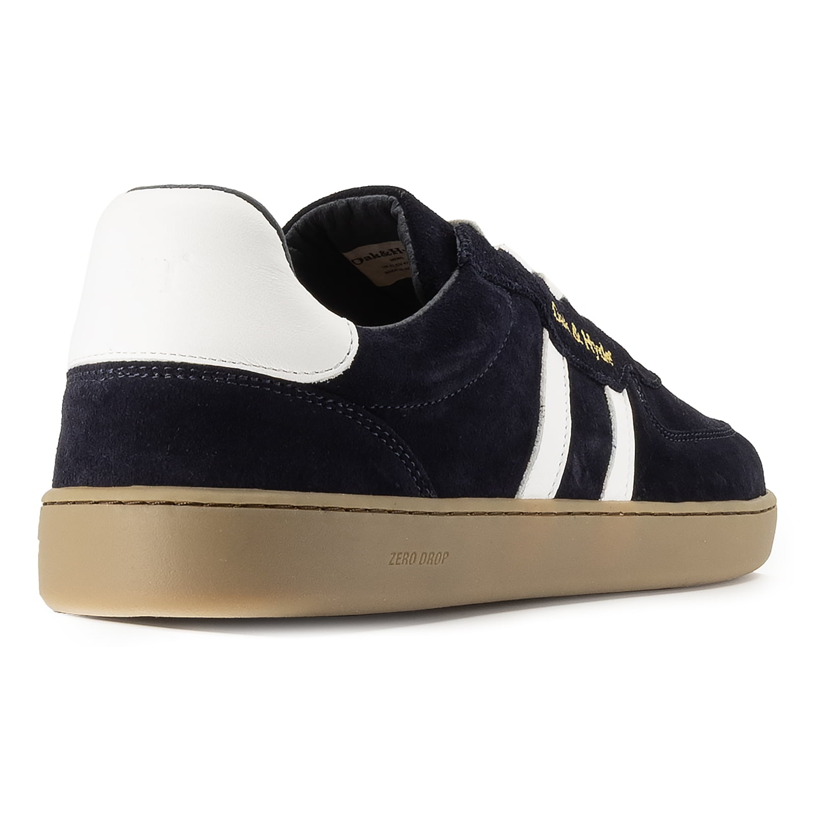 heel view of mens larch barefoot trainers in navy showing heel panel detailing
