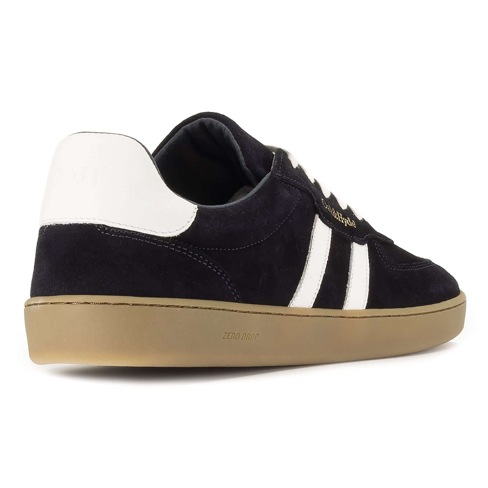 heel view of mens larch barefoot trainers in navy showing heel panel detailing