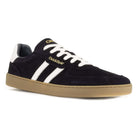 side angled view of mens larch barefoot trainers in navy showing stripe panel detailing and branding