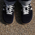 top down view of mens larch barefoot trainers in navy showing the toe shape