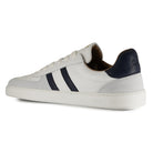 inside angled view of mens larch barefoot trainers in white highlighting logo on heel