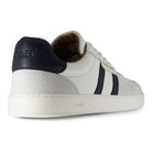 heel view of mens larch barefoot trainers in white showing heel panel detailing