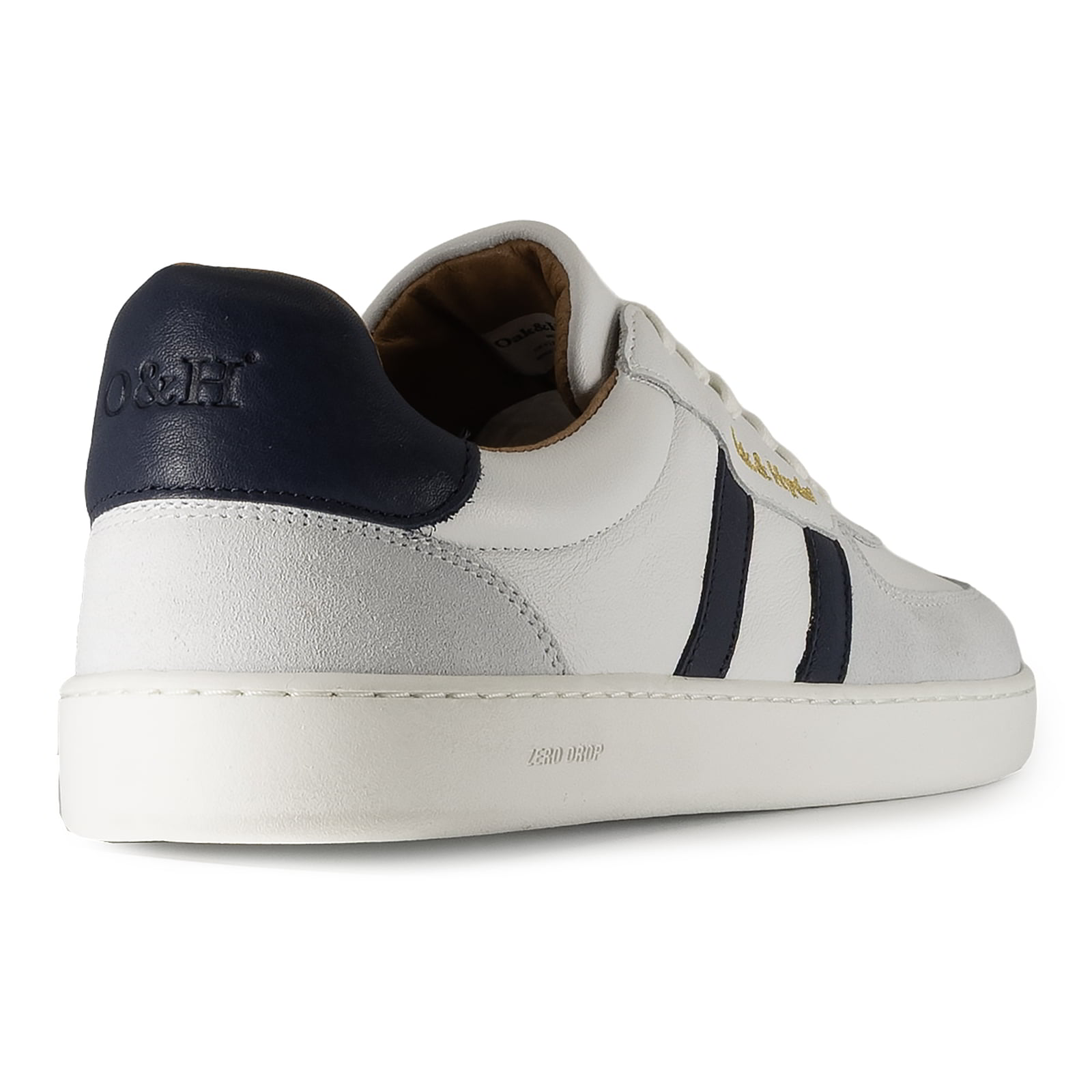 heel view of mens larch barefoot trainers in white showing heel panel detailing