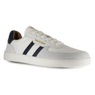 side angled view of mens larch barefoot trainers in white showing stripe detailing and logos