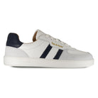 side profile view of mens larch barefoot trainers in white navy showing leather upper