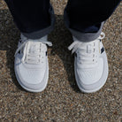 top down view of mens larch barefoot trainers in white navy showing toe box shape