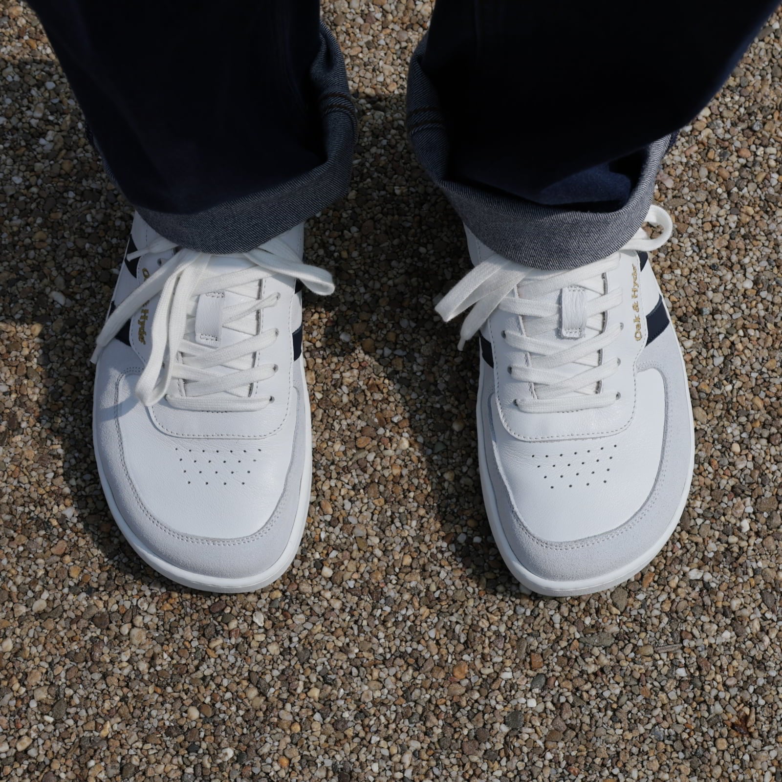 top down view of mens larch barefoot trainers in white navy showing toe box shape