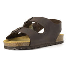 front view of dark brown oak & hyde malaga back strap sandals highlighting wide leather straps and contoured cork footbed