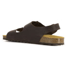 side view of dark brown oak & hyde malaga back strap sandals showing supportive heel strap and leather upper