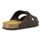 rear angle view of dark brown oak & hyde malaga sandals showing heel edge and cork sole