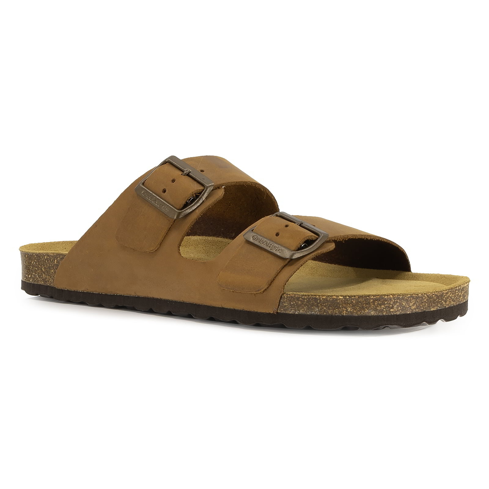 angled front view of tan oak & hyde malaga sandals showing adjustable buckle straps and open toe design