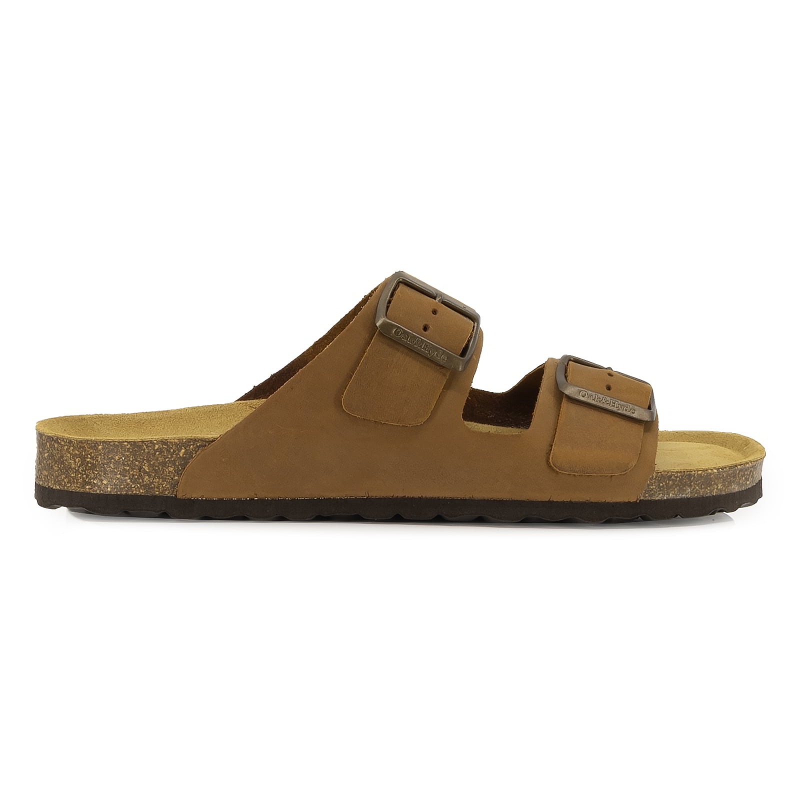 side profile of tan oak & hyde malaga sandals with double buckle straps and cork footbed